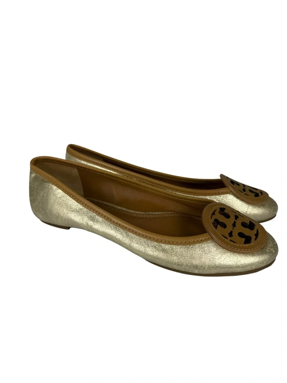 Tory Burch Louisa Gold Metallic Tan Logo Ballet Flats Sz 5.5